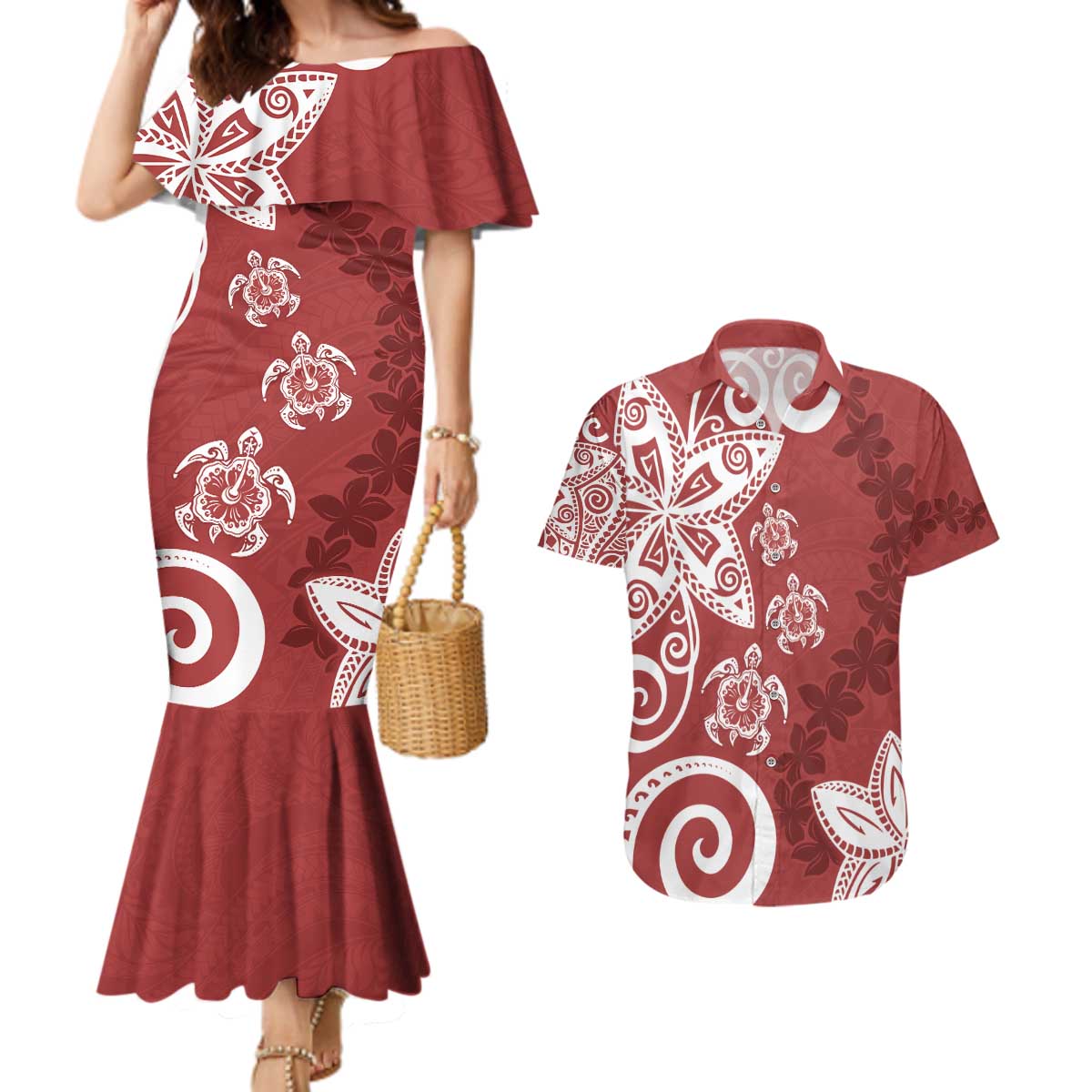 Polynesia Couples Matching Mermaid Dress and Hawaiian Shirt Red Tribal Turtle Floral Pattern