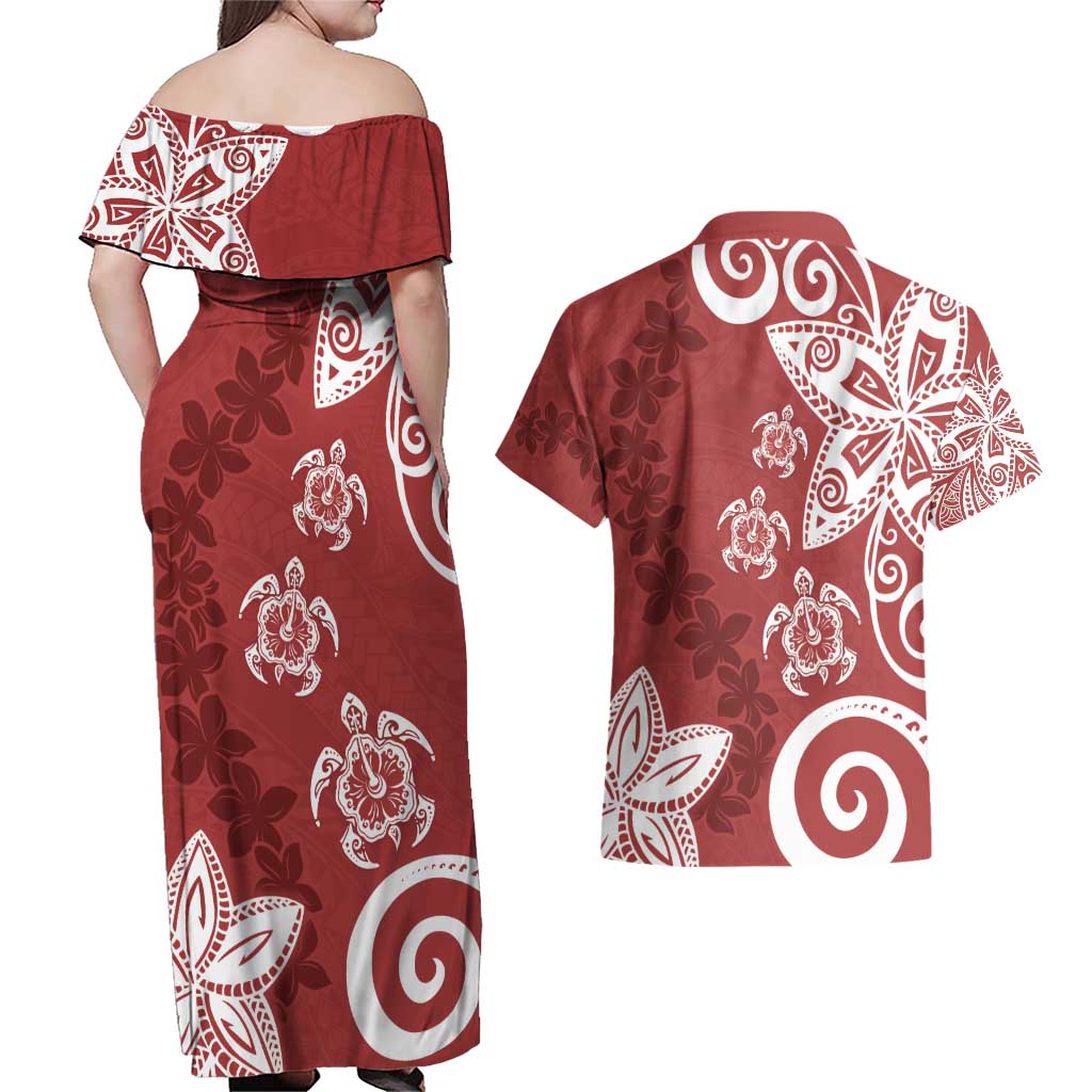 Polynesia Couples Matching Off Shoulder Maxi Dress and Hawaiian Shirt Red Tribal Turtle Floral Pattern