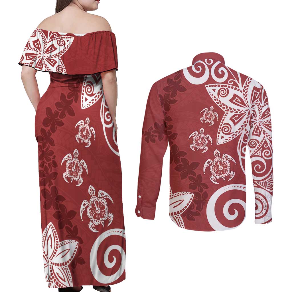 Polynesia Couples Matching Off Shoulder Maxi Dress and Long Sleeve Button Shirt Red Tribal Turtle Floral Pattern