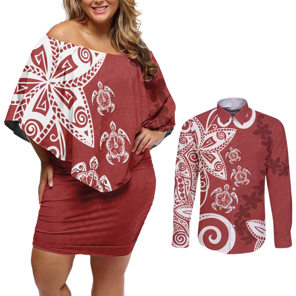 Polynesia Couples Matching Off Shoulder Short Dress and Long Sleeve Button Shirt Red Tribal Turtle Floral Pattern