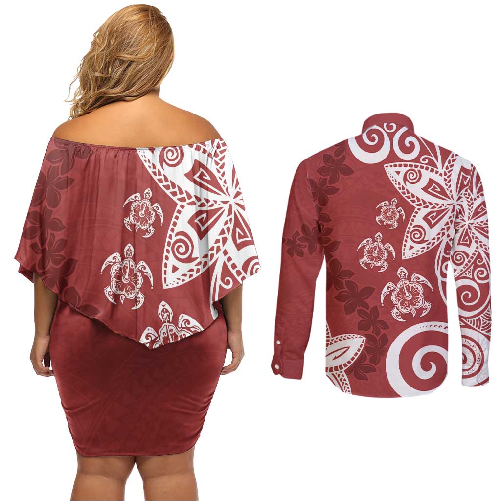Polynesia Couples Matching Off Shoulder Short Dress and Long Sleeve Button Shirt Red Tribal Turtle Floral Pattern