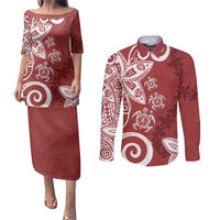 Polynesia Couples Matching Puletasi and Long Sleeve Button Shirt Red Tribal Turtle Floral Pattern
