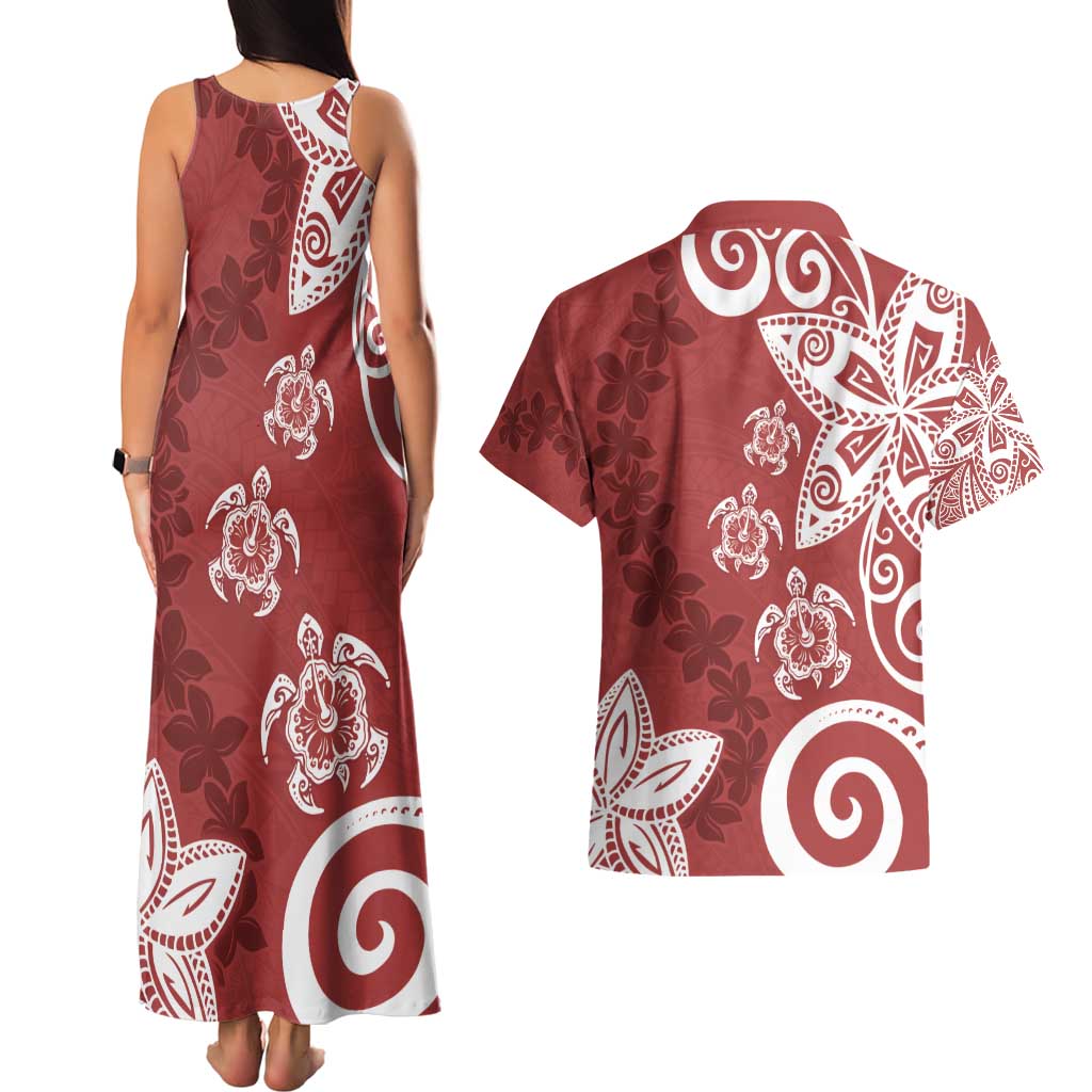 Polynesia Couples Matching Tank Maxi Dress and Hawaiian Shirt Red Tribal Turtle Floral Pattern