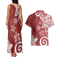 Polynesia Couples Matching Tank Maxi Dress and Hawaiian Shirt Red Tribal Turtle Floral Pattern