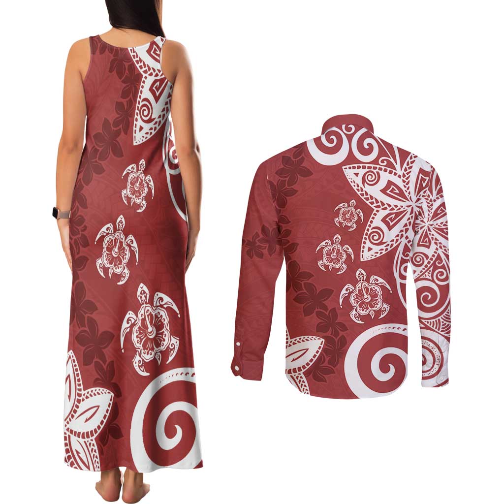 Polynesia Couples Matching Tank Maxi Dress and Long Sleeve Button Shirt Red Tribal Turtle Floral Pattern