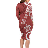 Polynesia Family Matching Long Sleeve Bodycon Dress and Hawaiian Shirt Red Tribal Turtle Floral Pattern