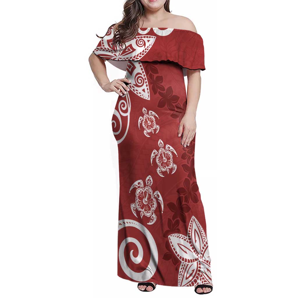 Polynesia Family Matching Off Shoulder Maxi Dress and Hawaiian Shirt Red Tribal Turtle Floral Pattern