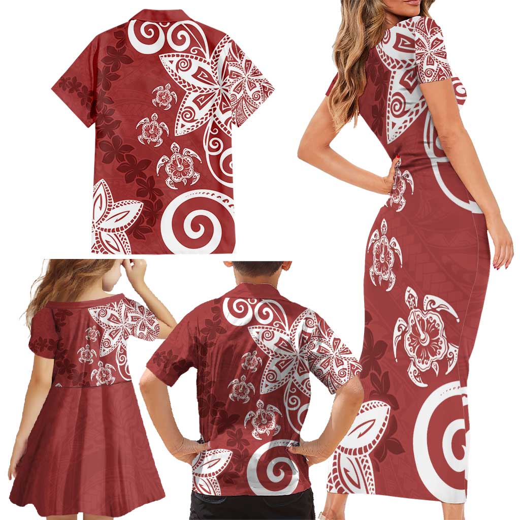 Polynesia Family Matching Short Sleeve Bodycon Dress and Hawaiian Shirt Red Tribal Turtle Floral Pattern