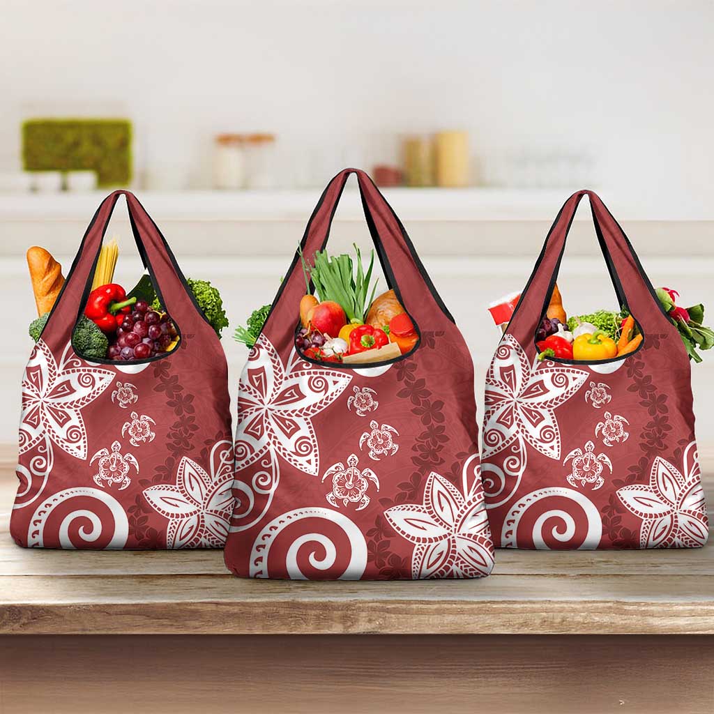Polynesia Grocery Bag Red Tribal Turtle Floral Pattern
