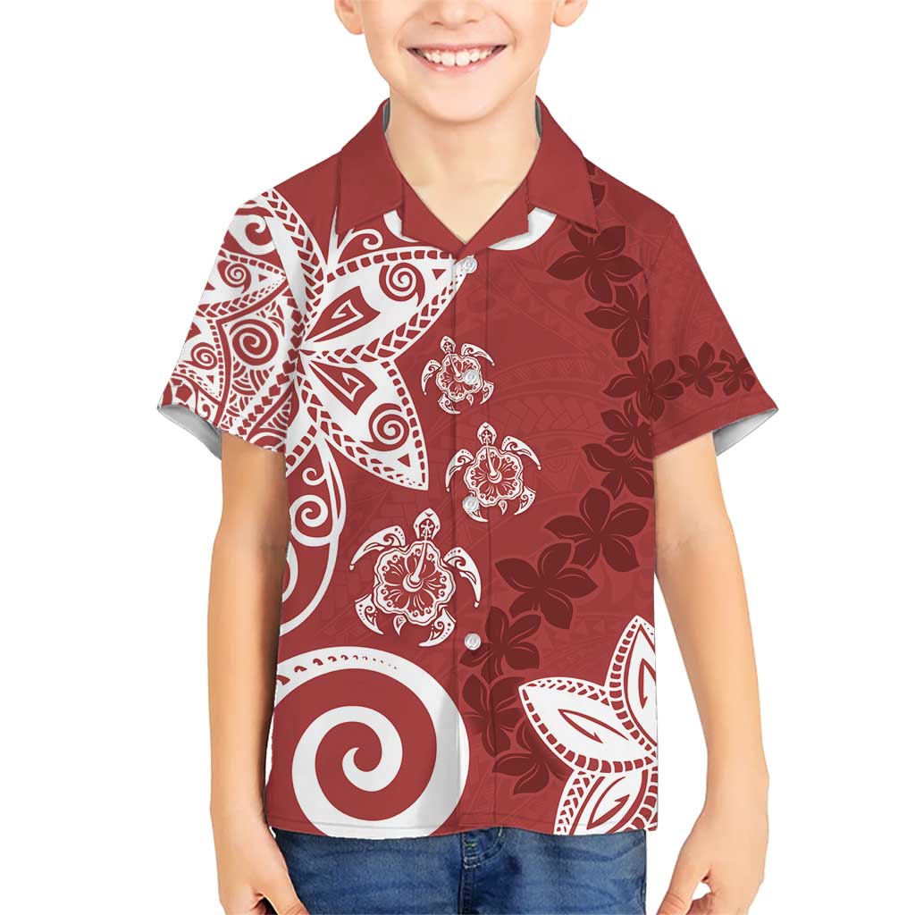 Polynesia Kid Hawaiian Shirt Red Tribal Turtle Floral Pattern