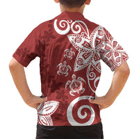 Polynesia Kid Hawaiian Shirt Red Tribal Turtle Floral Pattern
