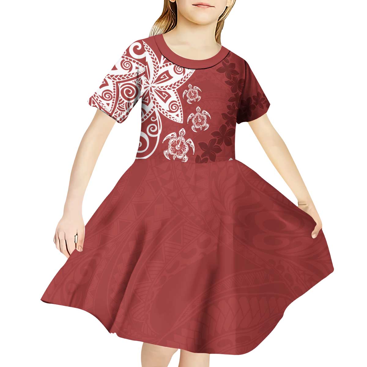 Polynesia Kid Short Sleeve Dress Red Tribal Turtle Floral Pattern