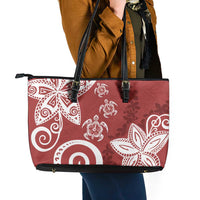 Polynesia Leather Tote Bag Red Tribal Turtle Floral Pattern