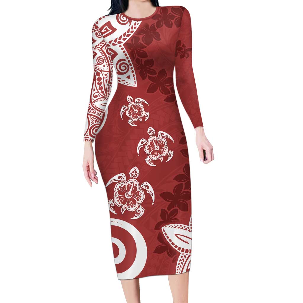 Polynesia Long Sleeve Bodycon Dress Red Tribal Turtle Floral Pattern