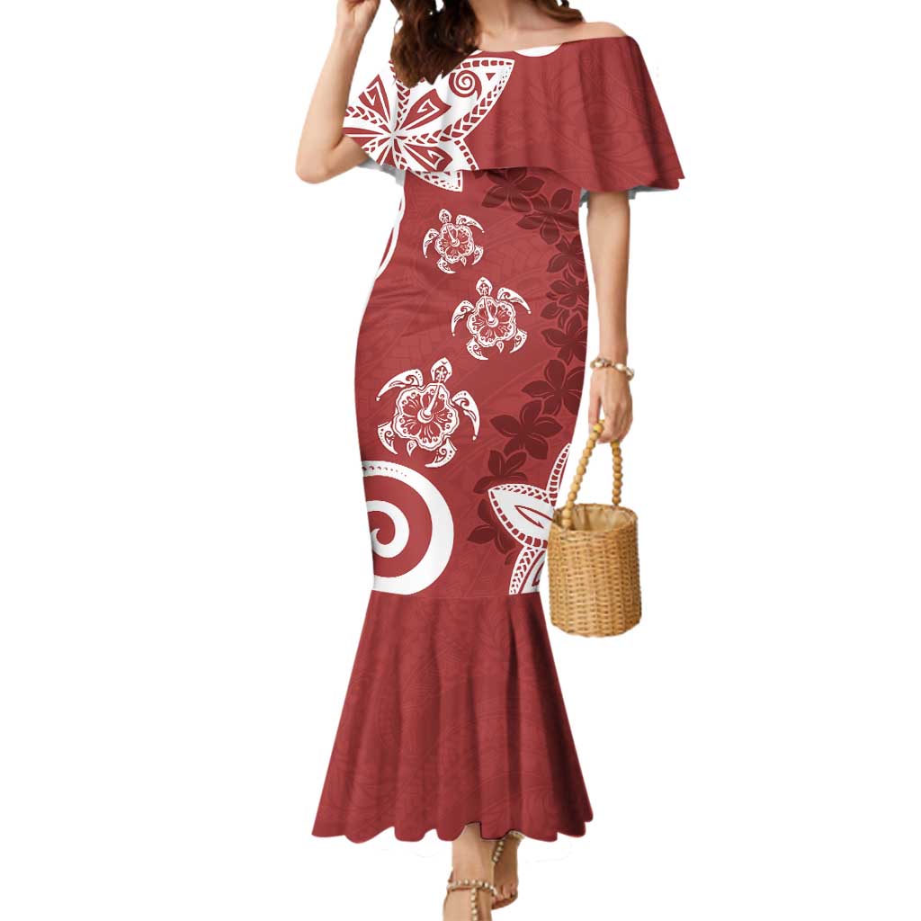 Polynesia Mermaid Dress Red Tribal Turtle Floral Pattern