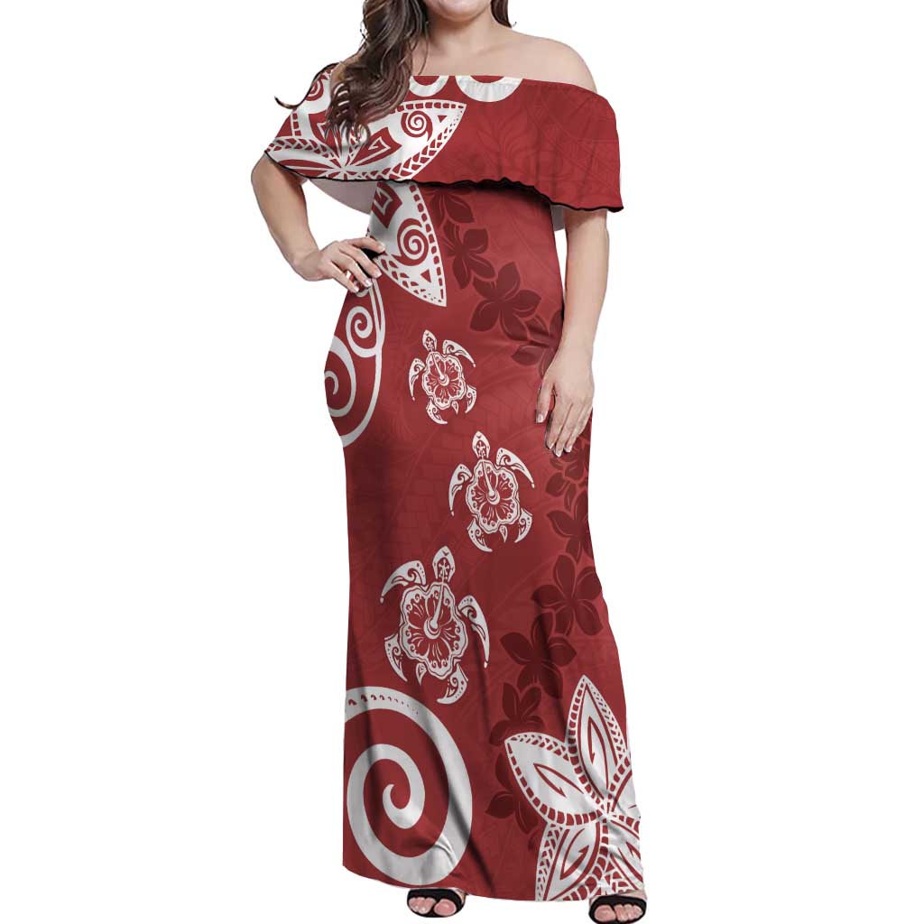 Polynesia Off Shoulder Maxi Dress Red Tribal Turtle Floral Pattern