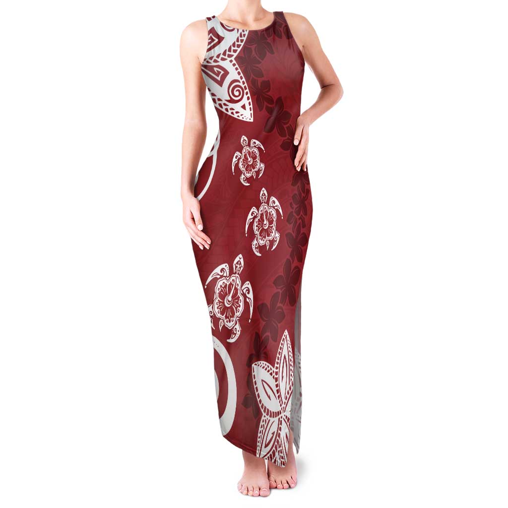 Polynesia Tank Maxi Dress Red Tribal Turtle Floral Pattern