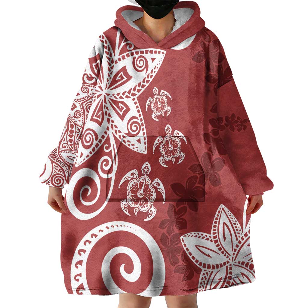 Polynesia Wearable Blanket Hoodie Red Tribal Turtle Floral Pattern