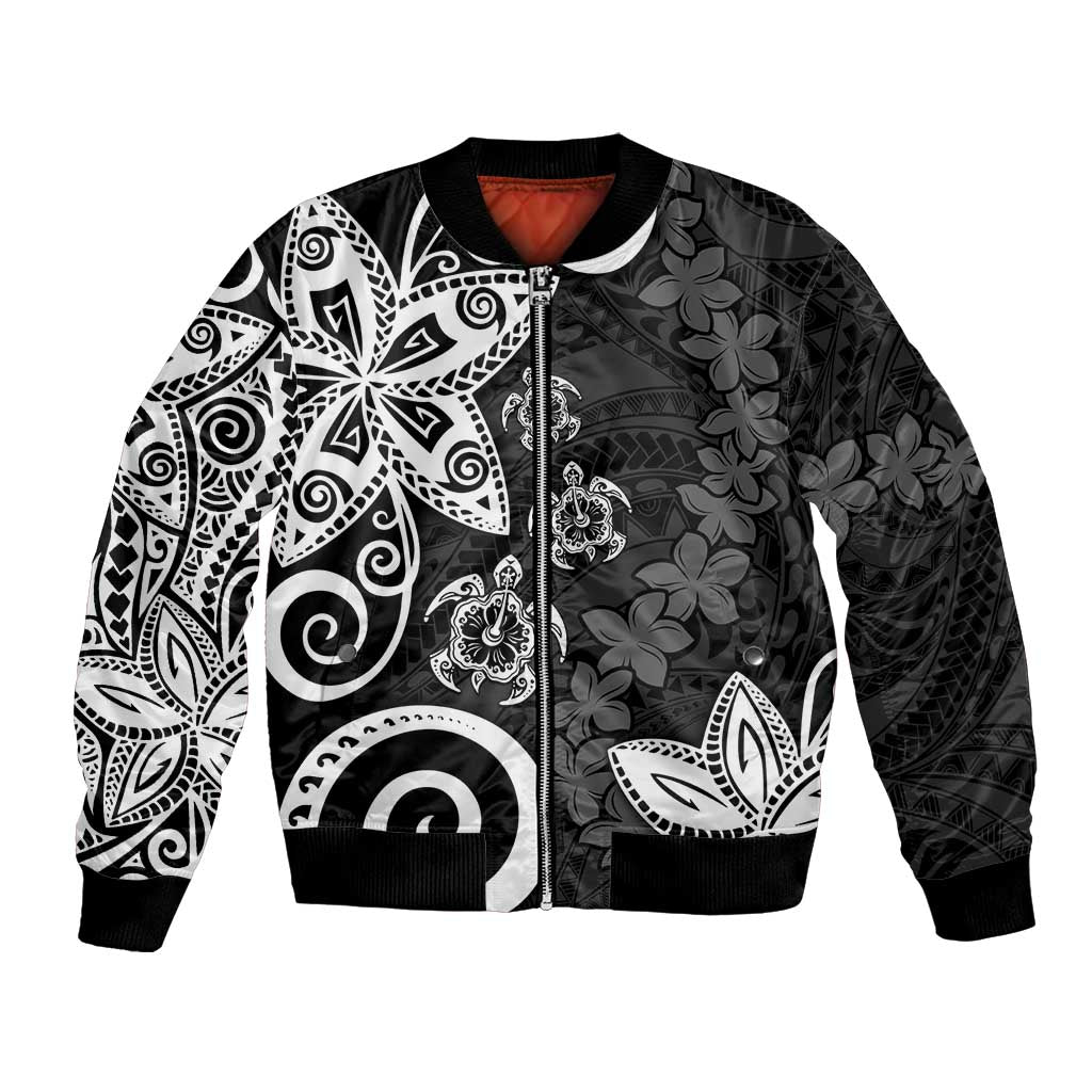 Polynesia Bomber Jacket Black Tribal Turtle Floral Pattern