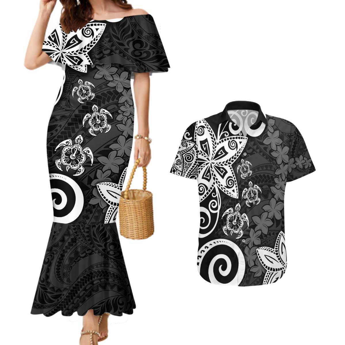 Polynesia Couples Matching Mermaid Dress and Hawaiian Shirt Black Tribal Turtle Floral Pattern