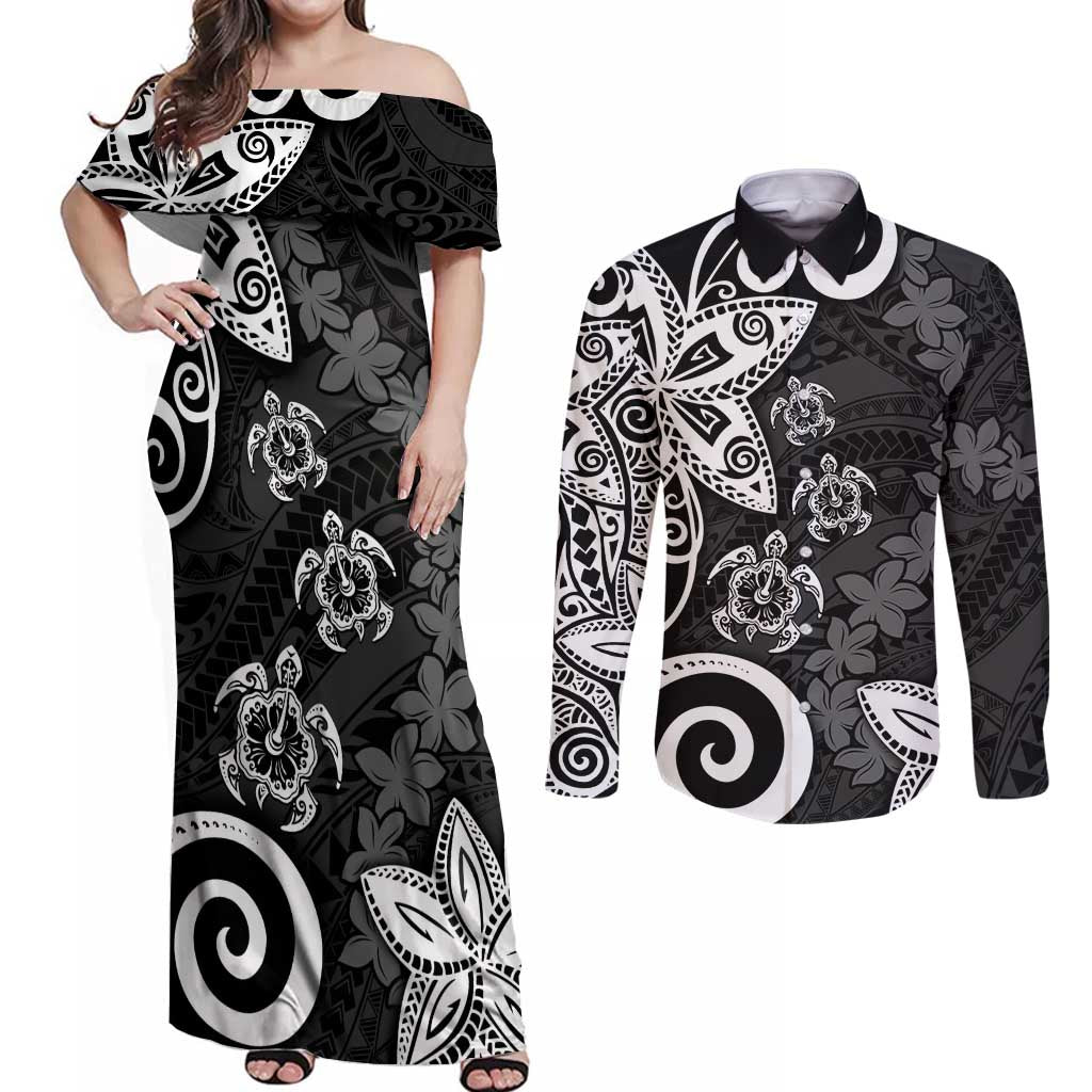 Polynesia Couples Matching Off Shoulder Maxi Dress and Long Sleeve Button Shirt Black Tribal Turtle Floral Pattern