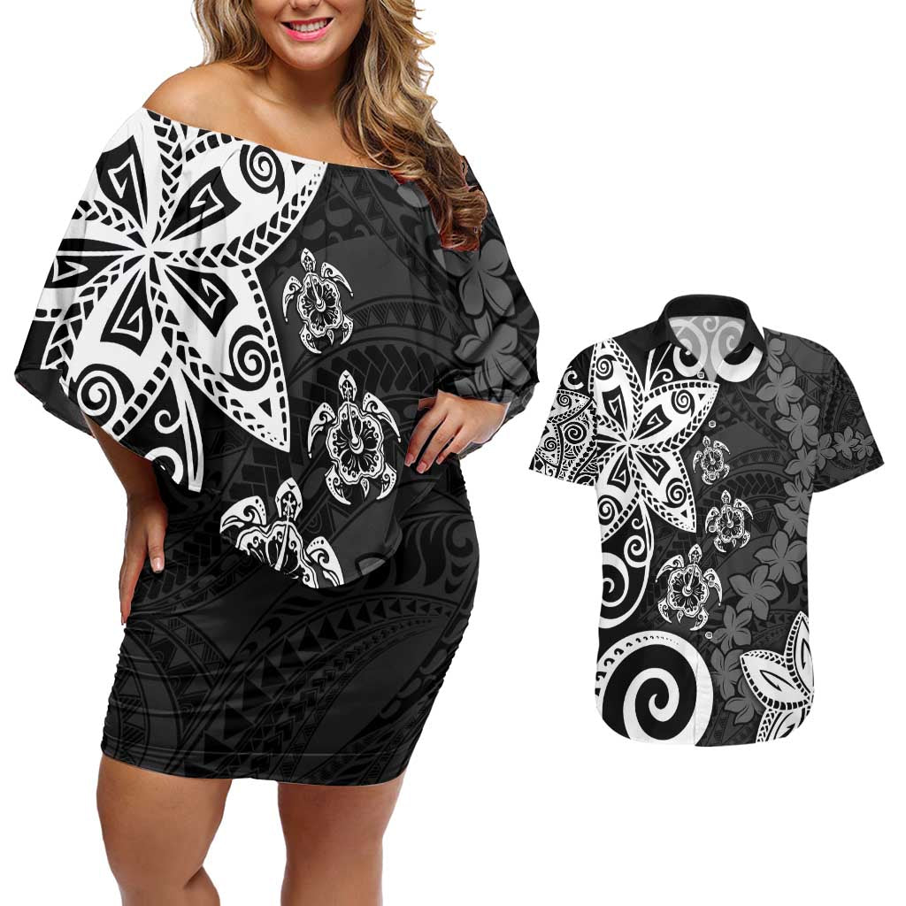 Polynesia Couples Matching Off Shoulder Short Dress and Hawaiian Shirt Black Tribal Turtle Floral Pattern