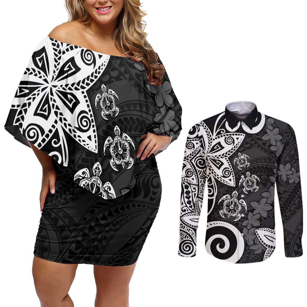 Polynesia Couples Matching Off Shoulder Short Dress and Long Sleeve Button Shirt Black Tribal Turtle Floral Pattern
