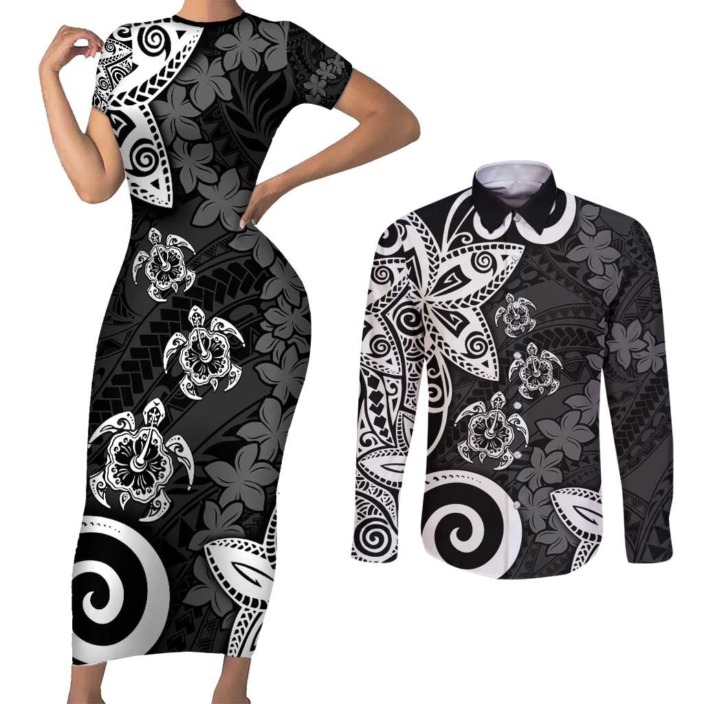 Polynesia Couples Matching Short Sleeve Bodycon Dress and Long Sleeve Button Shirt Black Tribal Turtle Floral Pattern