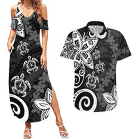 Polynesia Couples Matching Summer Maxi Dress and Hawaiian Shirt Black Tribal Turtle Floral Pattern