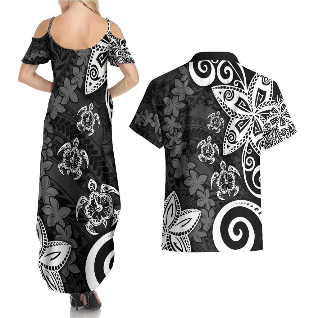 Polynesia Couples Matching Summer Maxi Dress and Hawaiian Shirt Black Tribal Turtle Floral Pattern