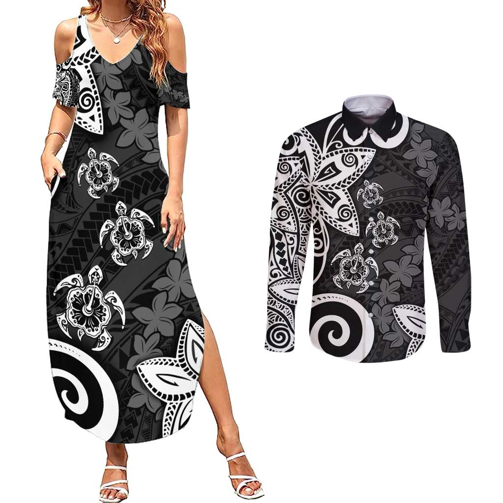 Polynesia Couples Matching Summer Maxi Dress and Long Sleeve Button Shirt Black Tribal Turtle Floral Pattern