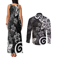 Polynesia Couples Matching Tank Maxi Dress and Long Sleeve Button Shirt Black Tribal Turtle Floral Pattern