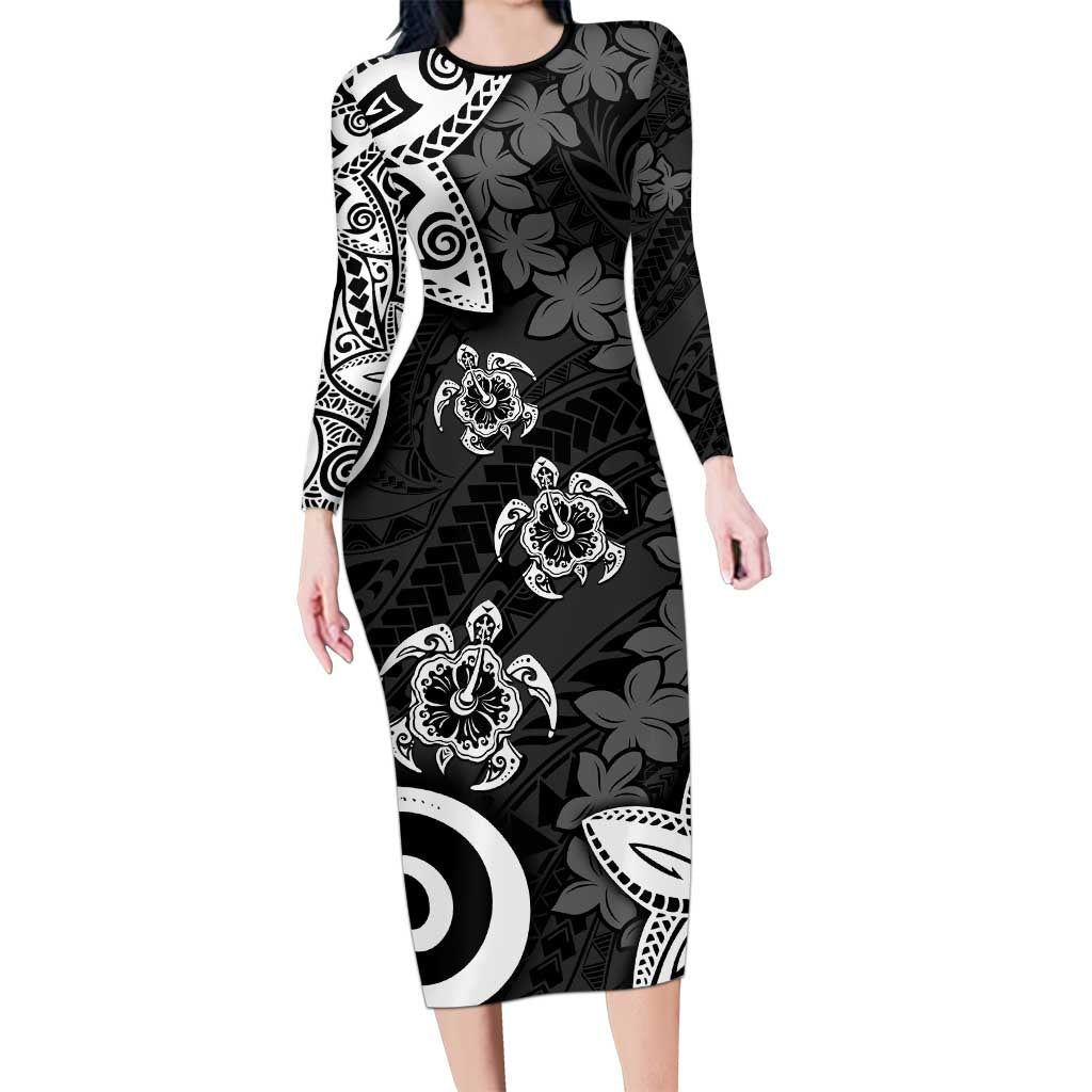 Polynesia Family Matching Long Sleeve Bodycon Dress and Hawaiian Shirt Black Tribal Turtle Floral Pattern