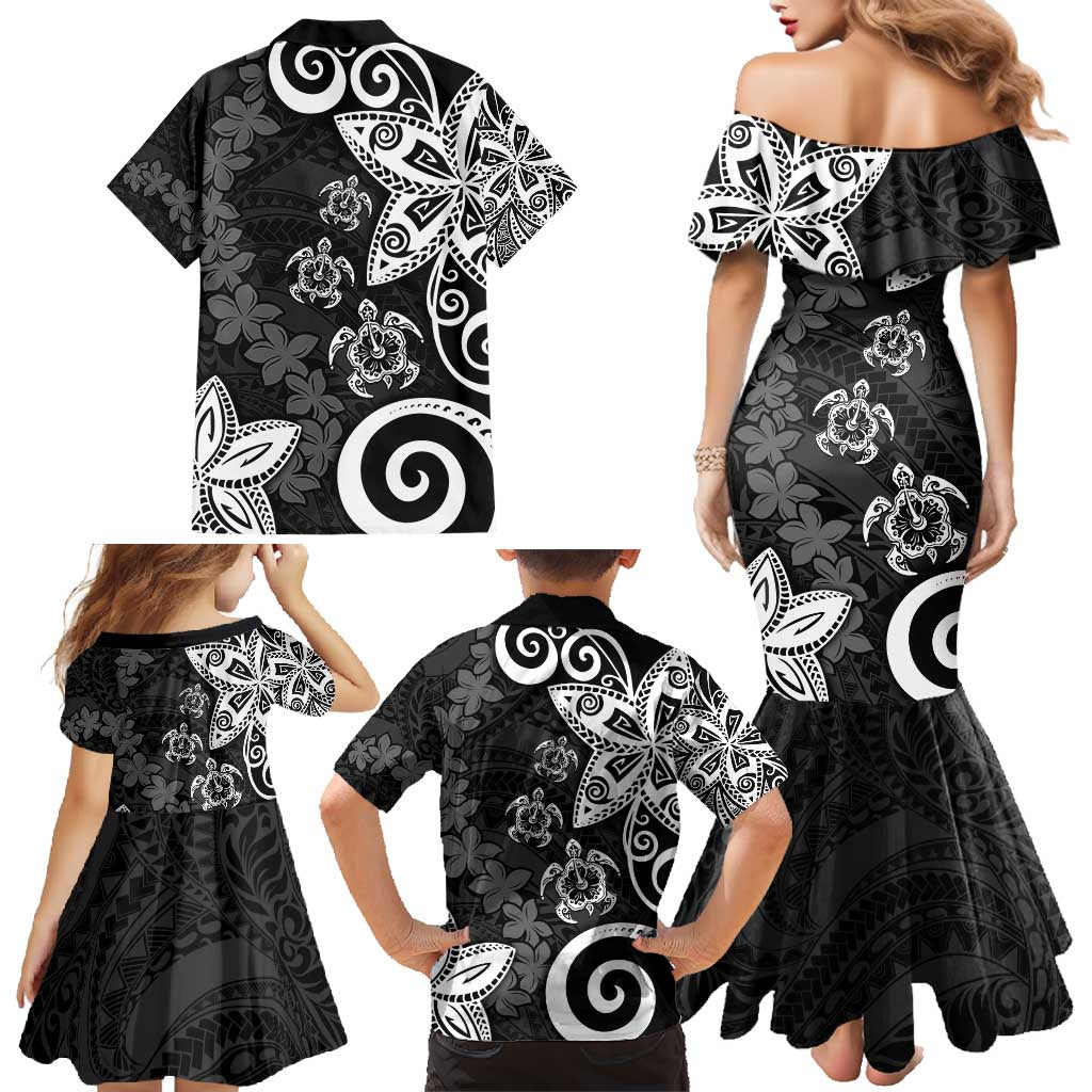Polynesia Family Matching Mermaid Dress and Hawaiian Shirt Black Tribal Turtle Floral Pattern