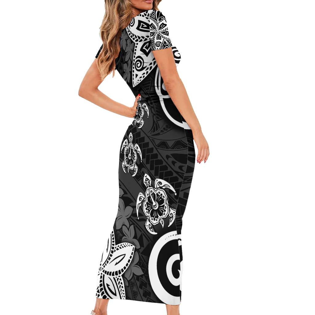 Polynesia Family Matching Short Sleeve Bodycon Dress and Hawaiian Shirt Black Tribal Turtle Floral Pattern