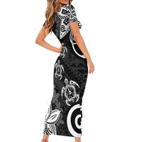 Polynesia Family Matching Short Sleeve Bodycon Dress and Hawaiian Shirt Black Tribal Turtle Floral Pattern