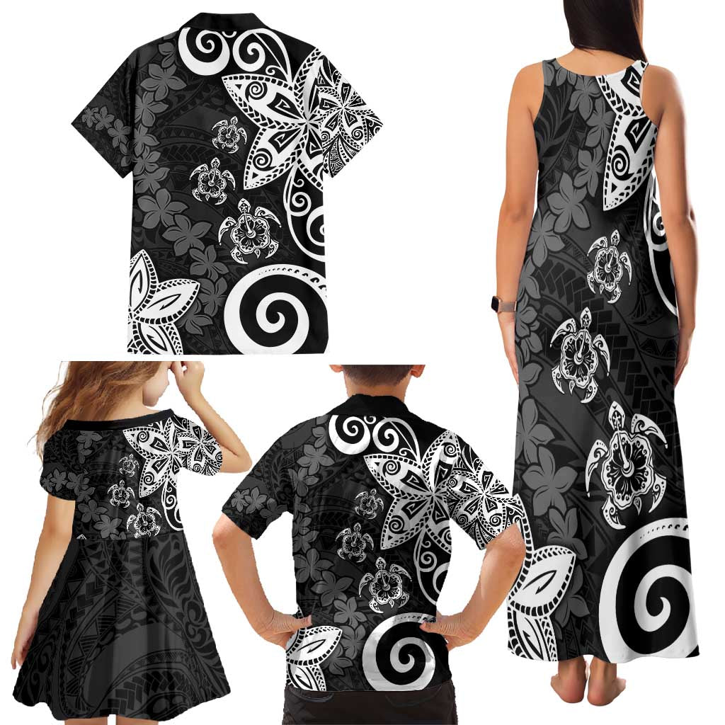 Polynesia Family Matching Tank Maxi Dress and Hawaiian Shirt Black Tribal Turtle Floral Pattern