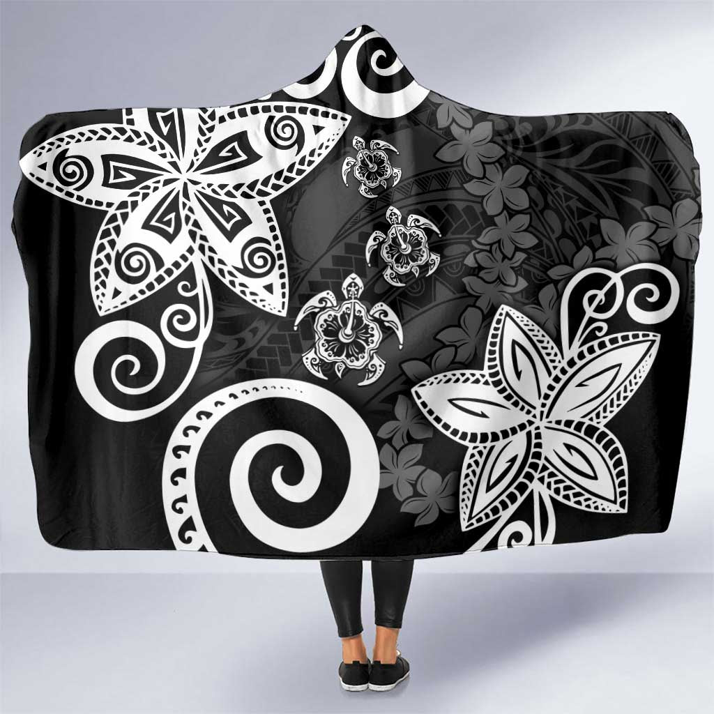 Polynesia Hooded Blanket Black Tribal Turtle Floral Pattern