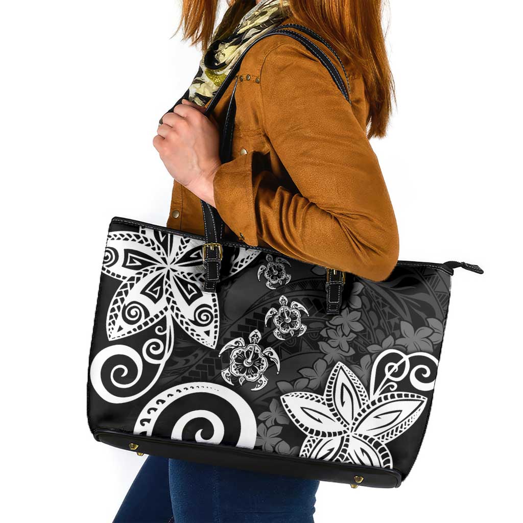 Polynesia Leather Tote Bag Black Tribal Turtle Floral Pattern