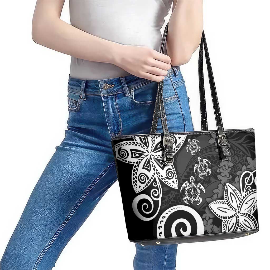 Polynesia Leather Tote Bag Black Tribal Turtle Floral Pattern