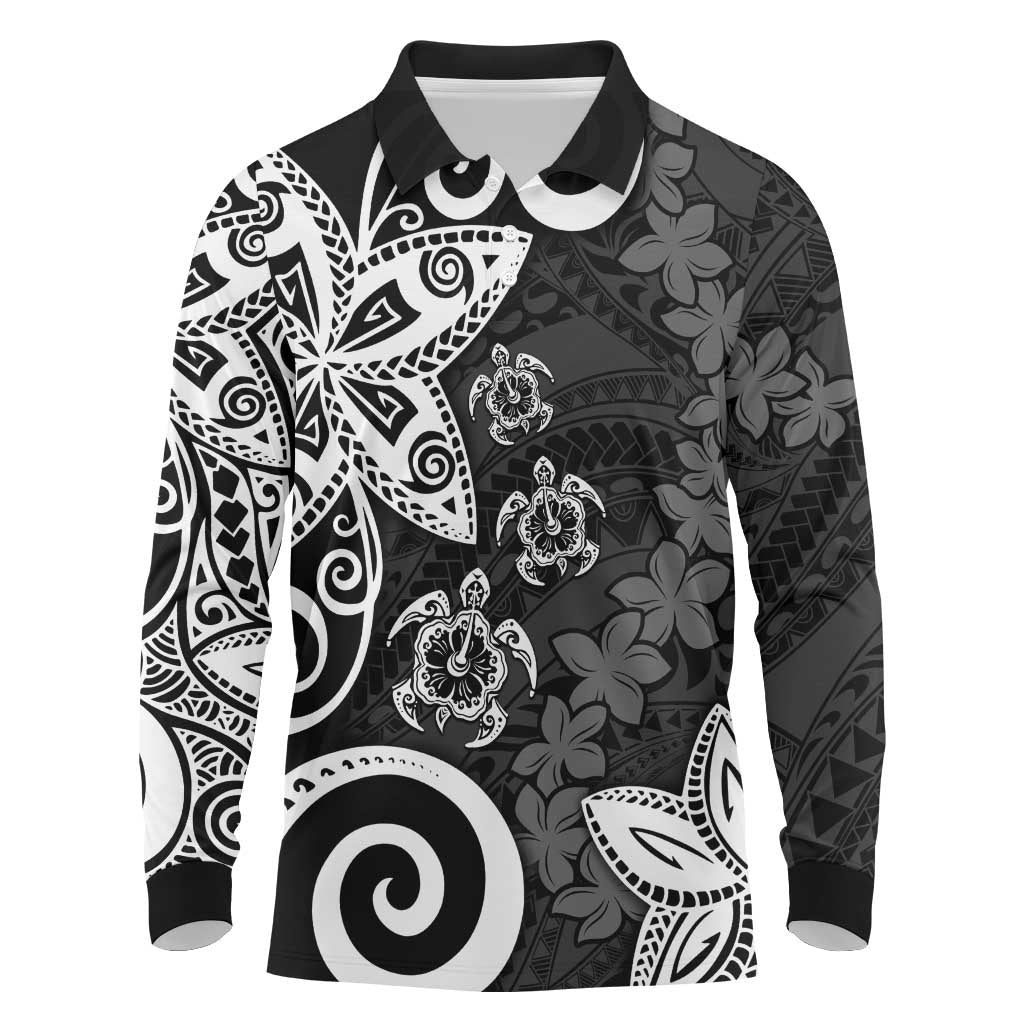 Polynesia Long Sleeve Polo Shirt Black Tribal Turtle Floral Pattern LT05 Black - Polynesian Pride