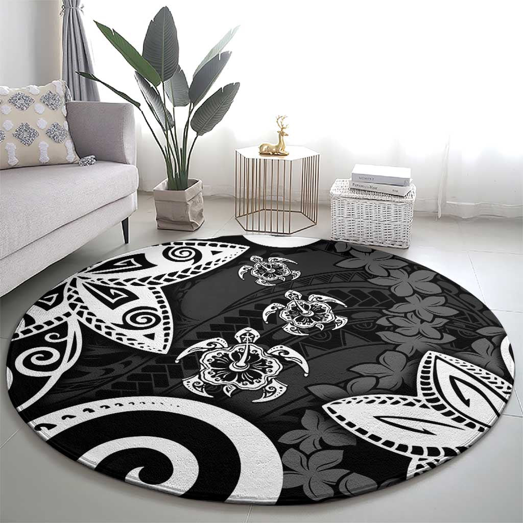 Polynesia Round Carpet Black Tribal Turtle Floral Pattern