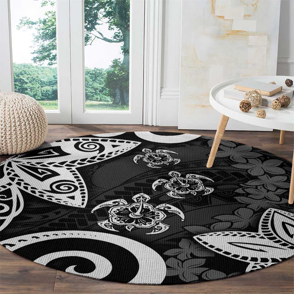 Polynesia Round Carpet Black Tribal Turtle Floral Pattern