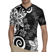 Polynesia Rugby Jersey Black Tribal Turtle Floral Pattern