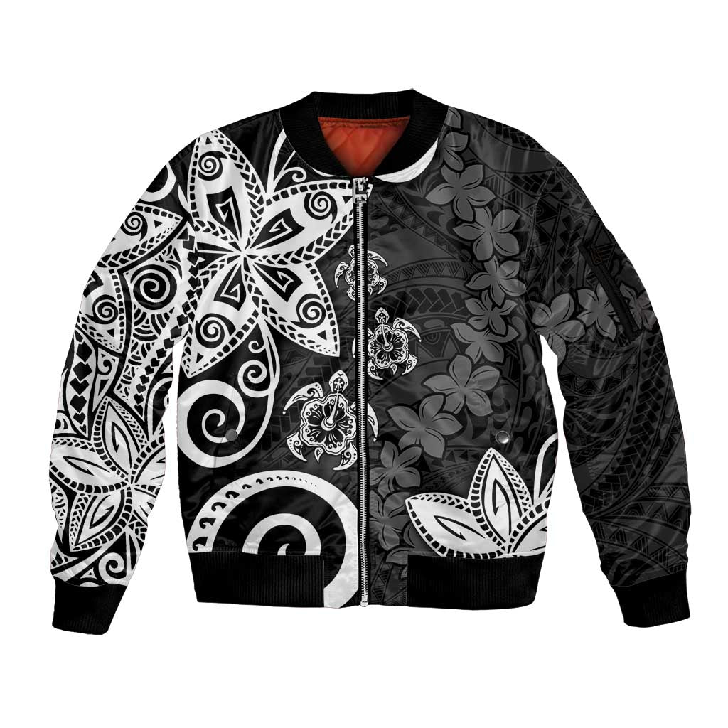 Polynesia Sleeve Zip Bomber Jacket Black Tribal Turtle Floral Pattern