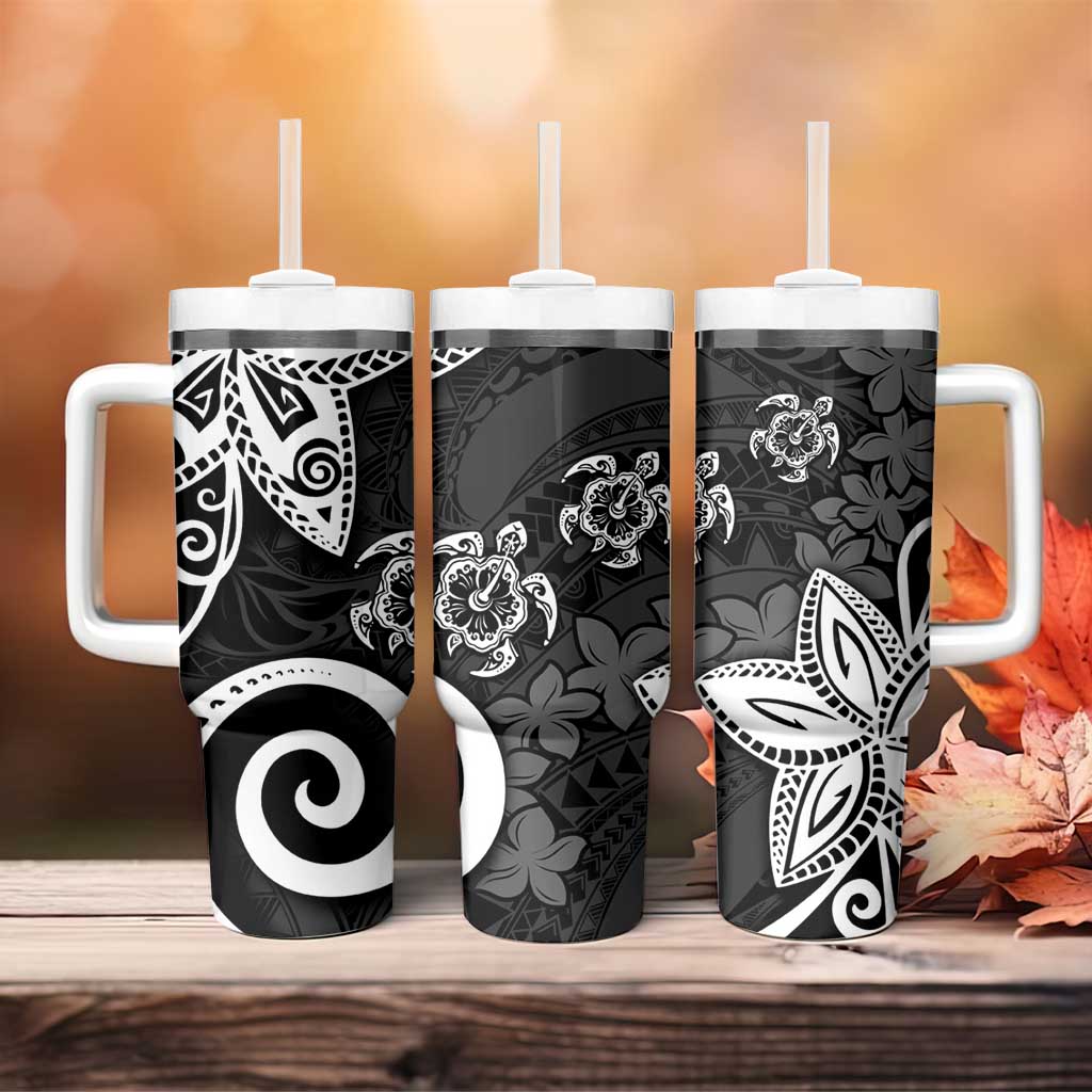 Polynesia Tumbler With Handle Black Tribal Turtle Floral Pattern