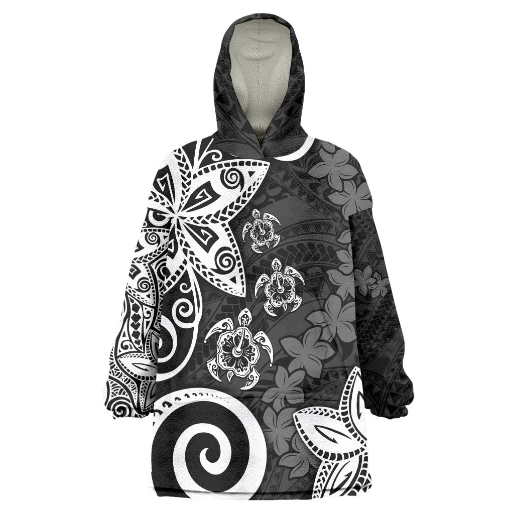 Polynesia Wearable Blanket Hoodie Black Tribal Turtle Floral Pattern