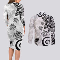 Polynesia Couples Matching Long Sleeve Bodycon Dress and Long Sleeve Button Shirt White Tribal Turtle Floral Pattern