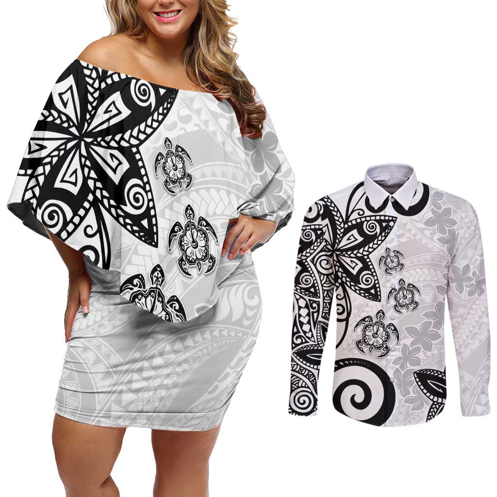 Polynesia Couples Matching Off Shoulder Short Dress and Long Sleeve Button Shirt White Tribal Turtle Floral Pattern