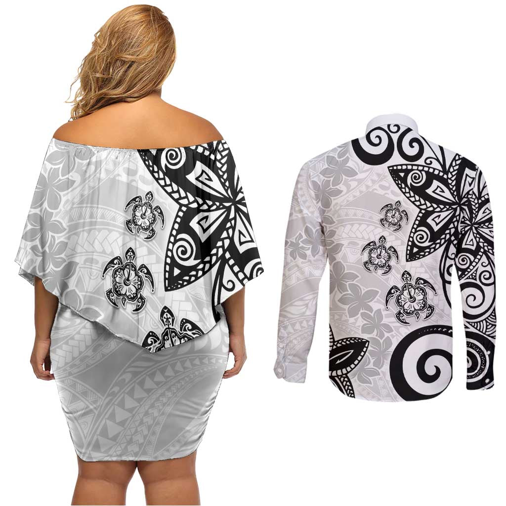 Polynesia Couples Matching Off Shoulder Short Dress and Long Sleeve Button Shirt White Tribal Turtle Floral Pattern